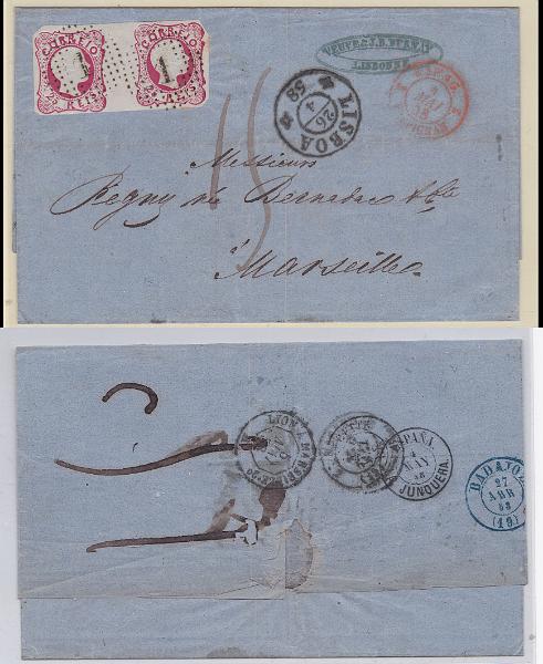0760.jpg -     Lote:    760            Portugal       Descrição:         1856/58 &mdash; D. Pedro V. Cabelos anelados. CE13, 25 reis carmim. Par de selos em carta circulada de Lisboa (26.04.58) para Marselha / França (06.05.58), com trânsito por Badajoz (27.04.58), Junquera / Espanha (01.05.58), Perpignan (03.05.58) e pela ambulância ferroviária Lyon a Marselha (05.05.58). Porte de 50 reis para pagamento do segundo porte territorial.        Carta       Valor Base:     &euro; 30,00     Valor Venda:     Retirado     