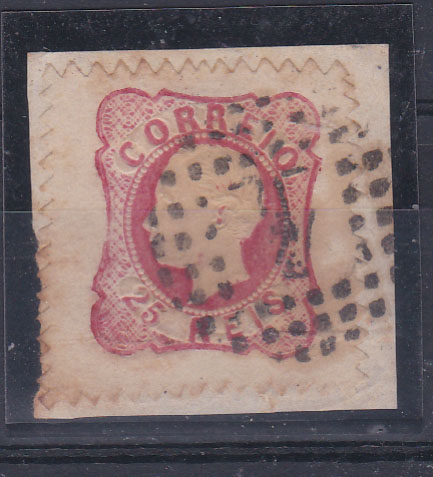 0762.jpg -     Lote:    762            Portugal       Descrição:         1862/64 &mdash; D. Luís I. CE16, 25 reis rosa em fragmento cortado em zig-zag na firma lisboeta Eisenach. Margens de luxo. Valor de catálogo &euro; 600,00.        FRG       Valor Base:     &euro; 60,00     Valor Venda:     &euro; 95,00       