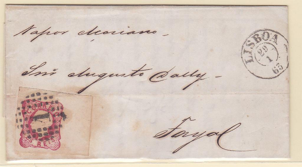 0766.jpg -     Lote:    766            Portugal       Descrição:         1862/64 &mdash; D. Luís I. CE16, 25 reis, cunho V, com margens de luxo em carta circulada de Lisboa (29.01.63) para o Faial. MB.        Carta       Valor Base:     &euro; 15,00     Valor Venda:     Retirado     