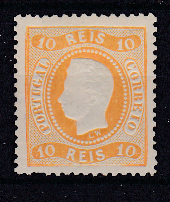0772.jpg -     Lote:    772            Portugal       Descrição:         1867/70 &mdash; D. Luís I. Fita curva, denteados. CE28, 10 reis amarelo-laranja. Valor de catálogo &euro; 450,00.        **       Valor Base:     &euro; 40,00     Valor Venda:     Retirado     