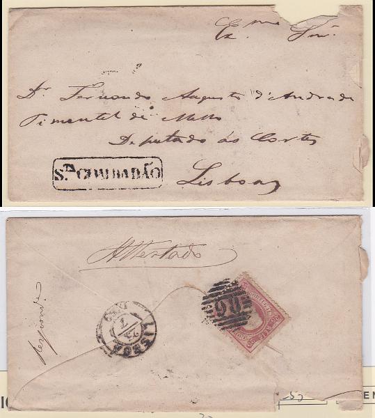 0778.jpg -     Lote:    778            Portugal       Descrição:         1866/67 &mdash; D. Luís I. Fita curva, denteados. CE30, 25 reis em sobrescrito circulado de Santa Comba Dão para Lisboa (27.07.69), obliterado com carimbo da 1.ª reforma tipo 4.3.4 "98 &mdash; SANTA COMBA DÃO" e marca nominativa a preto "STA COMBA DÃO". MR.        Carta       Valor Base:     &euro; 20,00     Valor Venda:     &euro; 20,00       