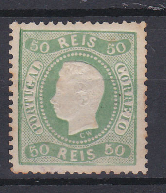 0779.jpg -     Lote:    779            Portugal       Descrição:         1867/70 &mdash; D. Luís I. Fita curva, denteados. CE31, 50 reis verde amarelo. Valor de catálogo &euro; 220,00.        (*)       Valor Base:     &euro; 20,00     Valor Venda:     &euro; 20,00       