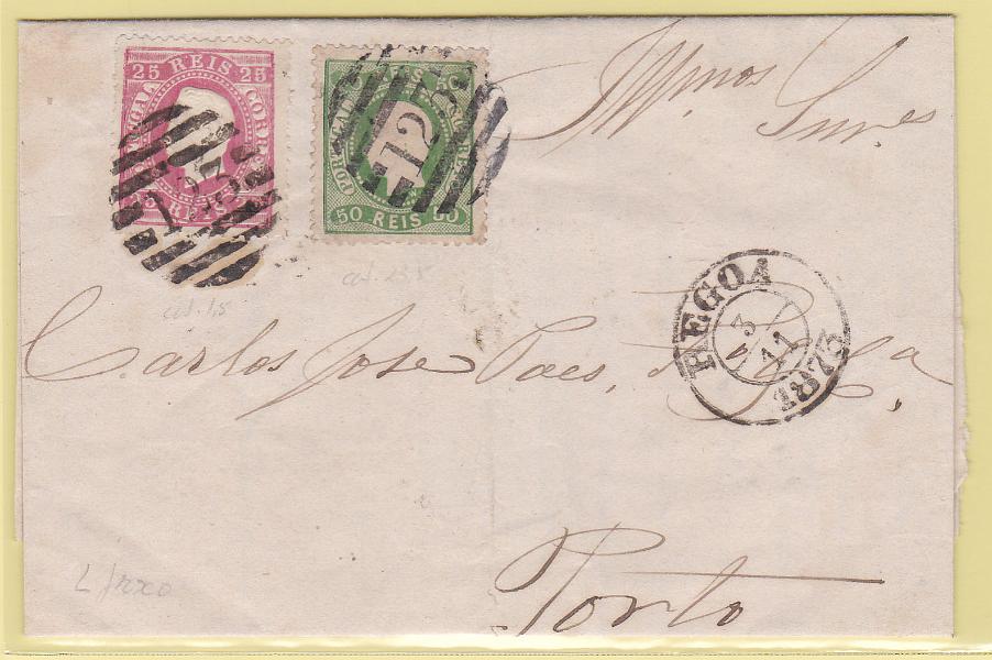0780.jpg -     Lote:    780            Portugal       Descrição:         1867/76 &mdash; D. Luís I, fita curva, denteados + D. Luís I fita direita. Carta circulada da Régua (03.11.73) para o Porto (04.11.73), com selos de 50 reis CE31 e 25 reis CE40. Vinco vertical não afetando os selos.        Carta       Valor Base:     &euro; 75,00     Valor Venda:     &euro; 80,00       