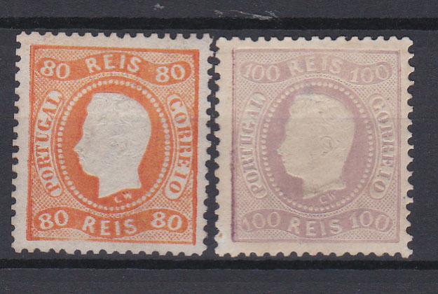 0781.jpg -     Lote:    781            Portugal       Descrição:         1867/70 &mdash; D. Luís I. Fita curva, denteados. CE 32/33, 80 reis e 100 reis. Selos com goma não original. Valor de catálogo &euro; 495,00.        (*)       Valor Base:     &euro; 45,00     Valor Venda:     &euro; 45,00       