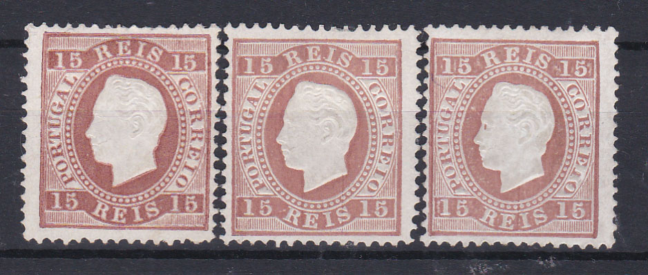 0791.jpg -     Lote:    791            Portugal       Descrição:         1870/76 &mdash; D. Luís I. Fita direita. CE38, 15 reis, papel porcelana, denteado 12 &frac12;. Três selos com os cunhos I. II e III. Valor de catálogo &euro; 600,00.        **       Valor Base:     &euro; 50,00     Valor Venda:     &euro; 90,00       