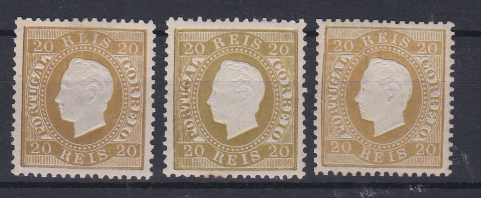 0792.jpg -     Lote:    792            Portugal       Descrição:         1870/76 &mdash; D. Luís I. Fita direita. CE39, 20 reis, papel liso, denteado 12 &frac12;. Três selos com os cunhos I. II e III (este com goma não original). Valor de catálogo &euro; 370,00.        **/(*)       Valor Base:     &euro; 35,00     Valor Venda:     &euro; 70,00       