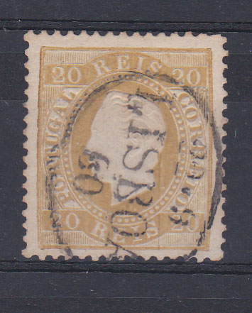 0793.jpg -     Lote:    793            Portugal       Descrição:         1870/76 &mdash; D. Luís I. Fita direita. CE39, 20 reis bistre, papel liso, denteado 12 &frac12;, obliterado com carimbo pré-filatélico batido a preto "LISBOA / 22.9.80"        O       Valor Base:     &euro; 20,00     Valor Venda:     &euro; 20,00       