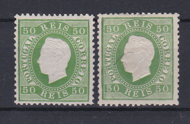 0799.jpg -     Lote:    799            Portugal       Descrição:         1870/76 &mdash; D. Luís I. Fita direita. CE41, 50 reis, papel liso, denteado 12 &frac12;. Dois selos com os cunhos I e II. Primeiro com goma não original. Valor de catálogo &euro; 370,00.        **/(*)       Valor Base:     &euro; 35,00     Valor Venda:     &euro; 120,00       