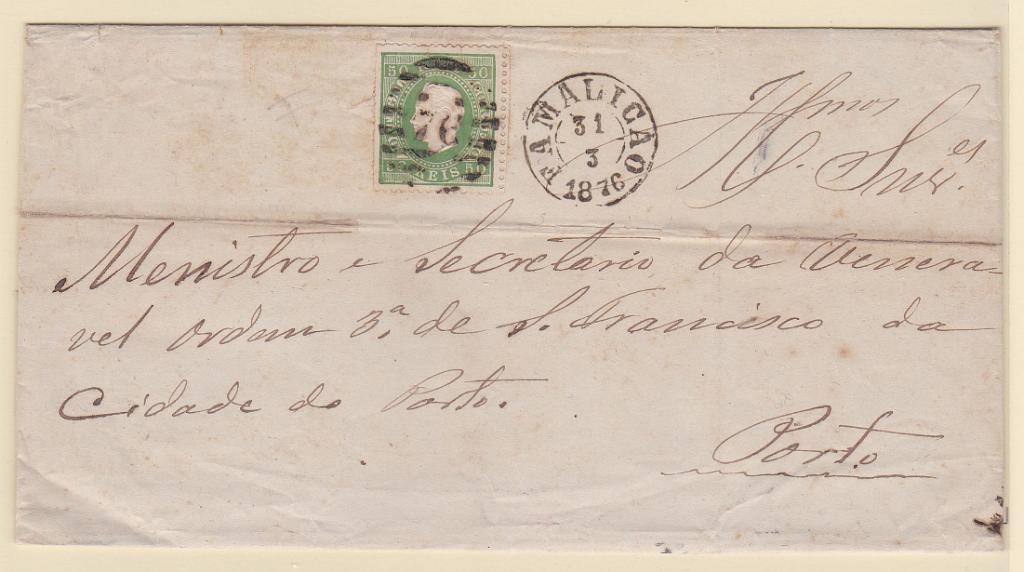 0800.jpg -     Lote:    800            Portugal       Descrição:         1870/76 &mdash; D. Luís I. Fita direita. CE41, 50 reis papel liso, denteado 12 &frac12;, em carta circulada de Famalicão (31.03.76) para o Porto.        Carta       Valor Base:     &euro; 15,00     Valor Venda:     Retirado     