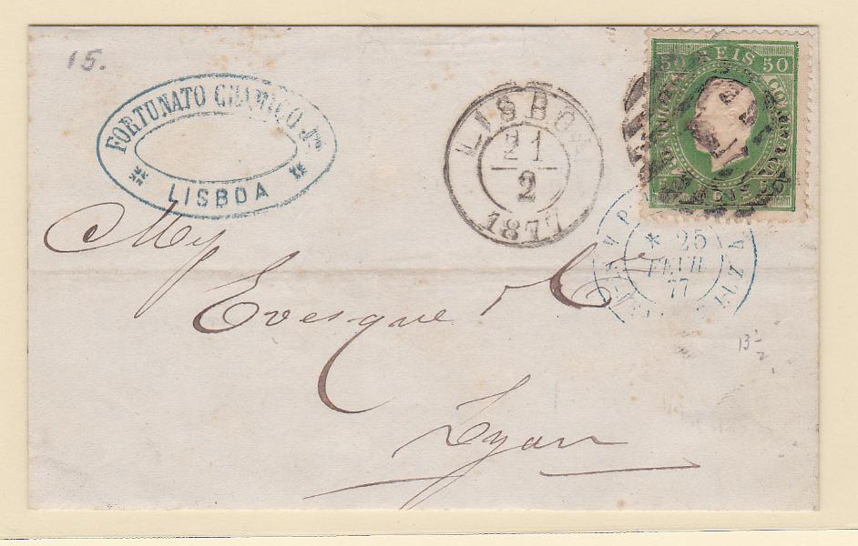 0801.jpg -     Lote:    801            Portugal       Descrição:         1870/76 &mdash; D. Luís I, fita direita. CE41, 50 reis verde, denteado 13 &frac12;, papel liso em carta circulada de Lisboa (21.02.77) para França (25.03.77). Selo com repinte.        Carta       Valor Base:     &euro; 25,00     Valor Venda:     Retirado     