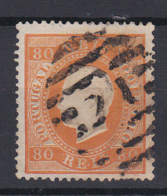 0803.jpg -     Lote:    803            Portugal       Descrição:         1870/76 &mdash; D. Luís I. Fita direita. CE42, 80 reis, denteado 14, papel liso. Valor de catálogo &euro; 1600,00.        *       Valor Base:     &euro; 150,00     Valor Venda:     Retirado     