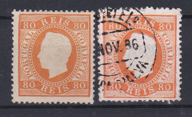 0804.jpg -     Lote:    804            Portugal       Descrição:         1870/76 &mdash; D. Luís I. Fita direita. CE42, 80 reis, papel liso, denteado 13 &frac12;. Dois selos com cunhos I em novo e usado (CCD de BARCA D'ALVA). Primeiro com goma não original. Valor de catálogo &euro; 206,00.         (*)/O       Valor Base:     &euro; 20,00     Valor Venda:     Retirado     