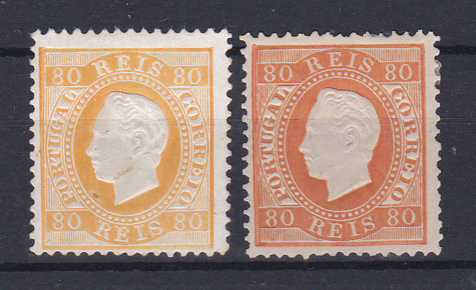 0805.jpg -     Lote:    805            Portugal       Descrição:         1870/76 &mdash; D. Luís I. Fita direita. CE42, 80 reis, papel liso, denteado 12 &frac12;. Dois selos com os cunhos I e II. Primeiro com goma não original. Valor de catálogo &euro; 400,00.        **/(*)       Valor Base:     &euro; 40,00     Valor Venda:     &euro; 75,00       