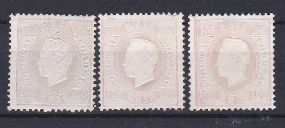 0807.jpg -     Lote:    807            Portugal       Descrição:         1870/76 &mdash; D. Luís I. Fita direita. CE43, 100 reis, papel porcelana, denteado 12 &frac12;. Três selos com os cunhos II. III e IV (este com goma não original). Valor de catálogo &euro; 306,00.        **/(*)       Valor Base:     &euro; 25,00     Valor Venda:     &euro; 65,00       