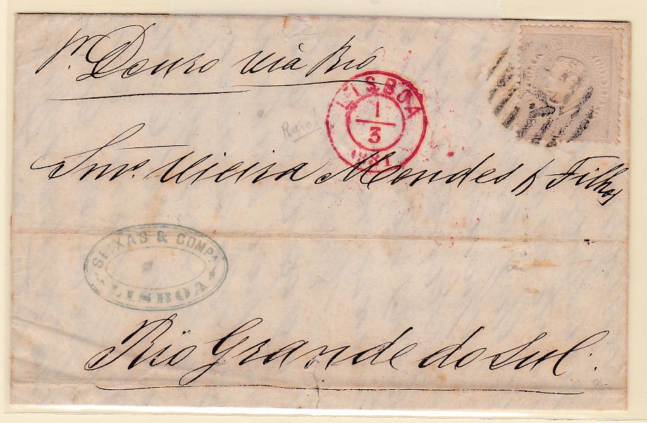 0808.jpg -     Lote:    808            Portugal       Descrição:         1870/76 &mdash; D. Luís I. Fita direita. CE43, 100 reis lilás, denteado 12 &frac12;, papel liso, em carta circulada de Lisboa (01.03.81) para o Brasil (18.03.81) pelo "Douro".        Carta       Valor Base:     &euro; 35,00     Valor Venda:     Retirado     