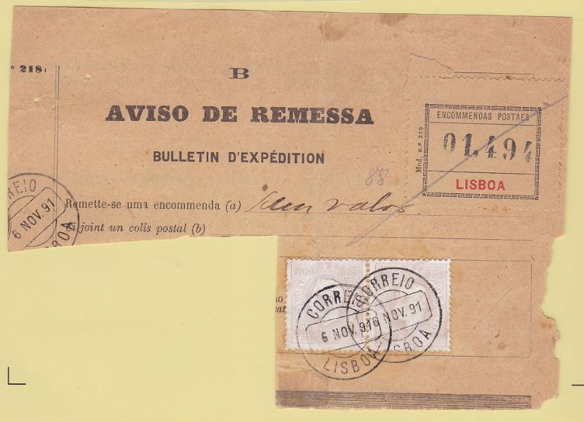 0809.jpg -     Lote:    809            Portugal       Descrição:         1870/76 &mdash; D. Luís I. Fita direita. CE43, 100 reis, papel porcelana, denteado 12 &frac12;. Par em boletim de Expedição de Lisboa (06.11.91). Canto inferior esquerdo do Boletim cortado.        DOC       Valor Base:     &euro; 20,00     Valor Venda:     Retirado     