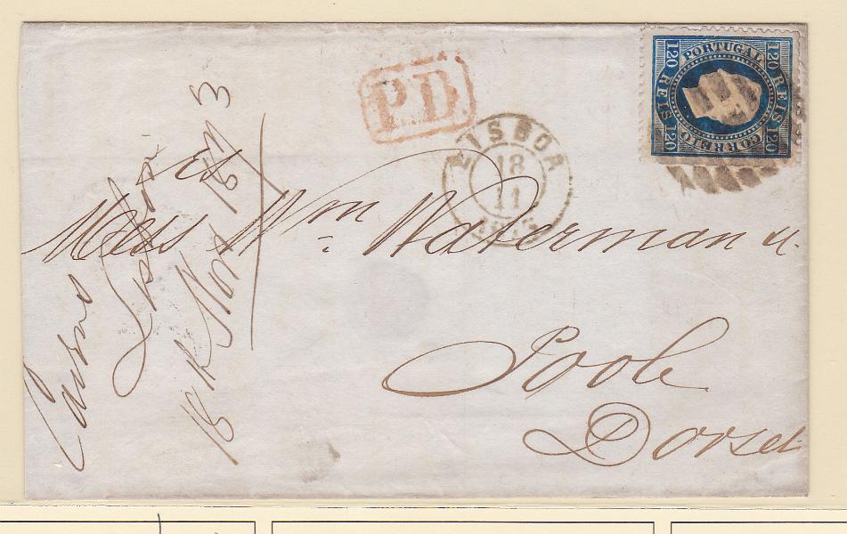 0810.jpg -     Lote:    810            Portugal       Descrição:         1870/76 &mdash; D. Luís I. Fita direita. CE44, 120 reis azul, papel liso, denteado 12 &frac12;. Selo sobre carta circulada de Lisboa (18.11.1873) para Poole / Inglaterra (26.11.73). MB.        Carta       Valor Base:     &euro; 40,00     Valor Venda:     Retirado     
