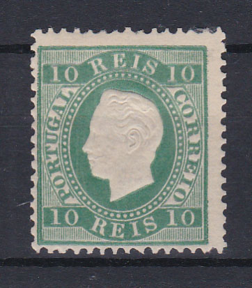 0814.jpg -     Lote:    814            Portugal       Descrição:         1879/80 &mdash; D. Luís I. Fita direita. Novas cores. CE49, 10 reis verde azul, denteado 12 &frac12;, papel liso. Valor de catálogo &euro; 500,00.        (*)       Valor Base:     &euro; 40,00     Valor Venda:     &euro; 40,00       
