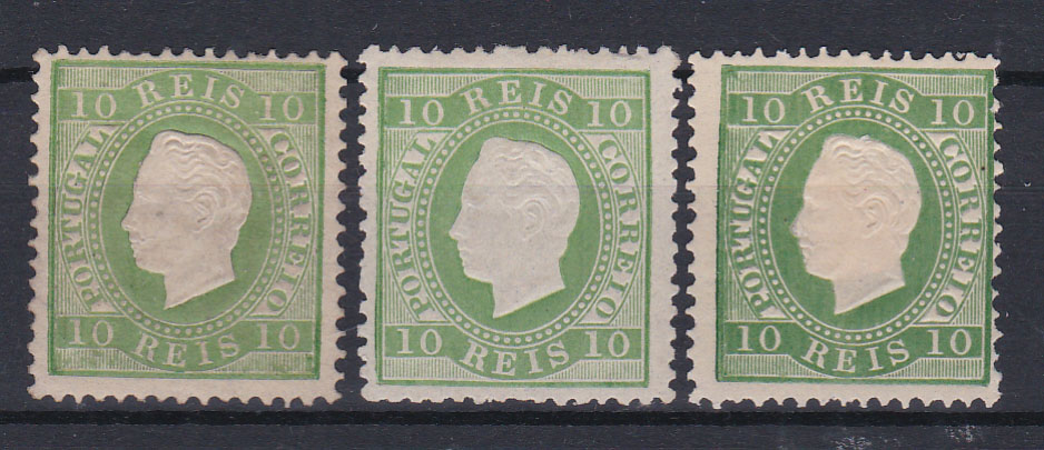 0815.jpg -     Lote:    815            Portugal       Descrição:         1879/80 &mdash; D. Luís I. Fita direita. Novas cores. CE49, 10 reis, denteado 12 &frac12;, papel liso. Três selos com cunhos I, II e III (primeiro com goma não original). Valor de catálogo &euro; 548,00.        **/(*)       Valor Base:     &euro; 40,00     Valor Venda:     &euro; 75,00       