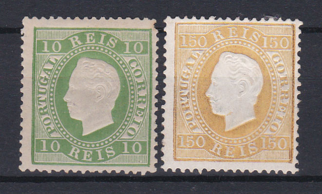 0817.jpg -     Lote:    817            Portugal       Descrição:         1879/80 &mdash; D. Luís I. Fita direita. Novas cores. CE49 e 51, 10 e 150 reis, denteado 13 &frac12;, papel porcelana. Valor de catálogo &euro; 530,00.        **       Valor Base:     &euro; 45,00     Valor Venda:     &euro; 75,00       