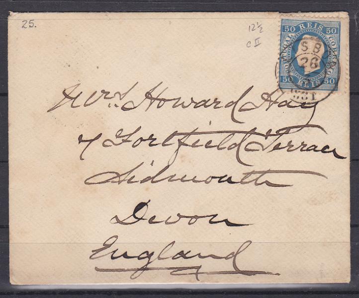 0819.jpg -     Lote:    819            Portugal       Descrição:         1879/80 &mdash; D. Luís I. Fita direita. Novas cores. CE50, 50 reis azul, papel liso, denteado 12 &frac12;, cunho II. Sobrescrito circulado com um selo, de Lisboa (26.03.1881) para Inglaterra (31.03.1881). MB.        Carta       Valor Base:     &euro; 25,00     Valor Venda:     Retirado     