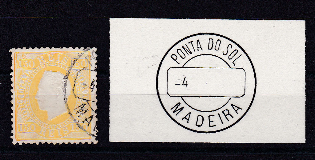 0820.jpg -     Lote:    820            Portugal       Descrição:         1879/80 &mdash; D. Luís I. Fita direita. Novas cores. CE51, 150 reis amarelo, papel porcelana, denteado 12 &frac12;, obliterado com CCD tipo 1880, batido a preto "PONTA DO SOL / MADEIRA". Rara utilização deste selo sem sobrecarga na Madeira.        O       Valor Base:     &euro; 20,00     Valor Venda:     Retirado     