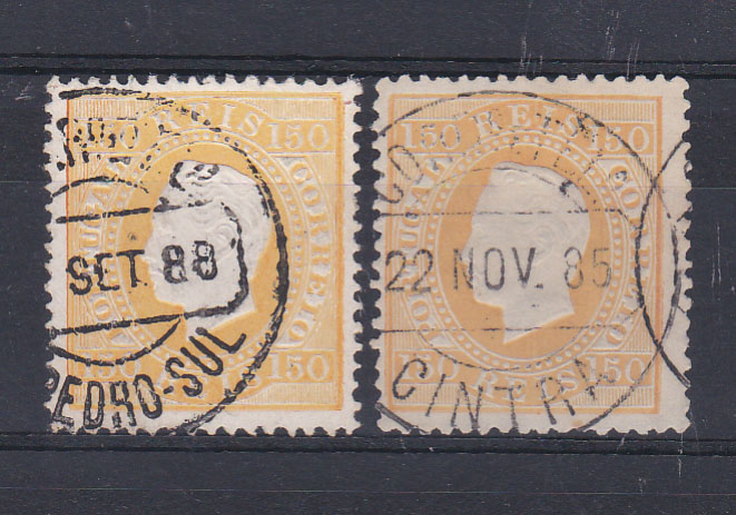0821.jpg -     Lote:    821            Portugal       Descrição:         1879/80 &mdash; D. Luís I. Fita direita. Novas cores. CE51, 150 reis amarelo, papel porcelana, denteado 13 &frac12;. Lote de 2 selos obliterados com CCD's tipo 1880 de "S. PEDRO &mdash; SUL" e "CINTRA". MB.        O       Valor Base:     &euro; 20,00     Valor Venda:     Retirado     