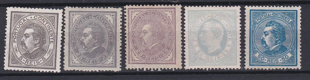 0825.jpg -     Lote:    825            Portugal       Descrição:         1880/81 &mdash; D. Luís I. De perfil. CE 52/55. Série completa + CE54 em papel liso, denteado 13 &frac12;. Selos com goma não original. Valor de catálogo &euro; 545,00.        (*)       Valor Base:     &euro; 40,00     Valor Venda:     &euro; 46,00       