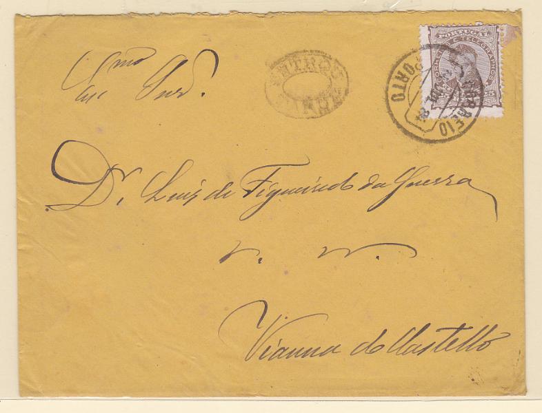 0827.jpg -     Lote:    827            Portugal       Descrição:         1882/83 &mdash; D. Luís I. De frente. CE57, 25 reis, papel porcelana, denteado 11 &frac12;, em sobrescrito circulado do Porto (11.07.84) para Viana do Castelo (11.07.84). Carimbo de dupla oval a preto "ENTROU / TARDE". B.        Carta       Valor Base:     &euro; 12,00     Valor Venda:     &euro; 16,00       
