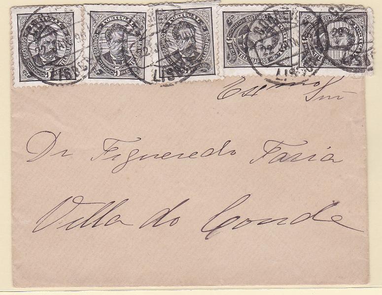 0829.jpg -     Lote:    829            Portugal       Descrição:         1884/87 &mdash; D. Luís I, de frente. Novos valores. CE60, 5 reis, papel porcelana, denteado 11 11 &frac12;. Cinco selos em sobrescrito circulado de Lisboa (22.01.90) para Vila do Conde.        Carta       Valor Base:     &euro; 20,00     Valor Venda:     Retirado     