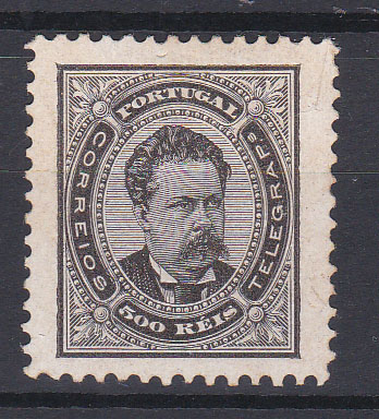 0832.jpg -     Lote:    832            Portugal       Descrição:         1884/87 &mdash; D. Luís I. De frente. Novos valores. CE64, 500 reis preto, papel porcelana em denteado 11 &frac12;. Selo clandestinamente perfurado em linha, fora da Casa da Moeda. B e MR.        **       Valor Base:     &euro; 150,00     Valor Venda:     Retirado     
