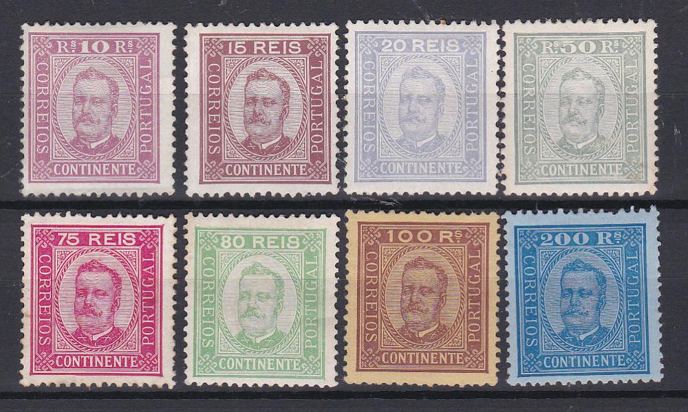 0837.jpg -     Lote:    837            Portugal       Descrição:         1892/93 &mdash; D. Carlos I, tipo Diogo Neto. CE69 + CE 71/76 e CE78, 10, 15,20, 50, 75, 80, 100 e 200 reis em papel porcelana, denteado 12 &frac12;. Selos de 10, 75 e 80 reis com goma não original. Valor de catálogo &euro; 780,00.        **/(*)       Valor Base:     &euro; 60,00     Valor Venda:     &euro; 60,00       