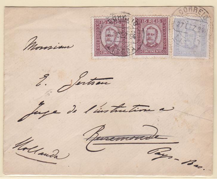 0839.jpg -     Lote:    839            Portugal       Descrição:         1892/93 &mdash; D. Carlos I tipo Diogo Neto. Sobrescrito circulado de Lisboa (27.12.94) para a Holanda (31.12.94) com selos de 15 reis (2) CE74 e 20 reis CE75.        Carta       Valor Base:     &euro; 60,00     Valor Venda:     Retirado     