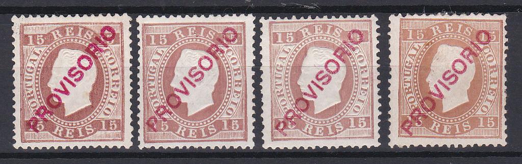 0841.jpg -     Lote:    841            Portugal       Descrição:         1892/93 &mdash; D. Luís I. Sobrecargas PROVISORIO. Sobrecarga c. CE84, 15 reis castanho, papel porcelana, denteado 12 &frac12;. Lote de 4 selos com os CUNHOS I, II, III e IV. Valor de catálogo &euro; 152,00.        **       Valor Base:     &euro; 22,00     Valor Venda:     &euro; 55,00       
