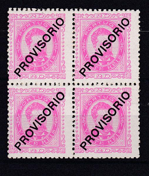 0842.jpg -     Lote:    842            Portugal       Descrição:         1892/93 &mdash; D. Luís I. Sobrecargas "PROVISORIO". Sobrecarga c. CE85, 20 reis, papel porcelana, denteado 11 &frac12;. Quadra. Valor de catálogo &euro; 620,00.        ***       Valor Base:     &euro; 25,00     Valor Venda:     &euro; 25,00       
