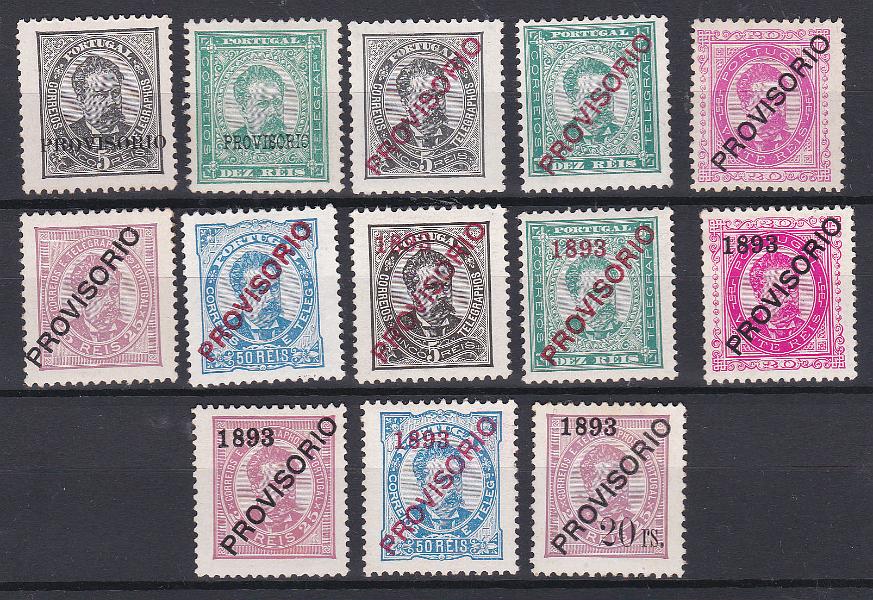 0845.jpg -     Lote:    845            Portugal       Descrição:         1892/93 &mdash; D. Carlos I, tipo Diogo Neto. Sobrecargas PROVISORIO. CE80/83, 85/87, 89/93 e 95. Sobrecargas a, b, c, d, e. Série completa de selos emitidos em denteado 11 &frac12;, papel porcelana. Valor de catálogo &euro; 1.008,00. Lote a ver.        **       Valor Base:     &euro; 100,00     Valor Venda:     &euro; 240,00       