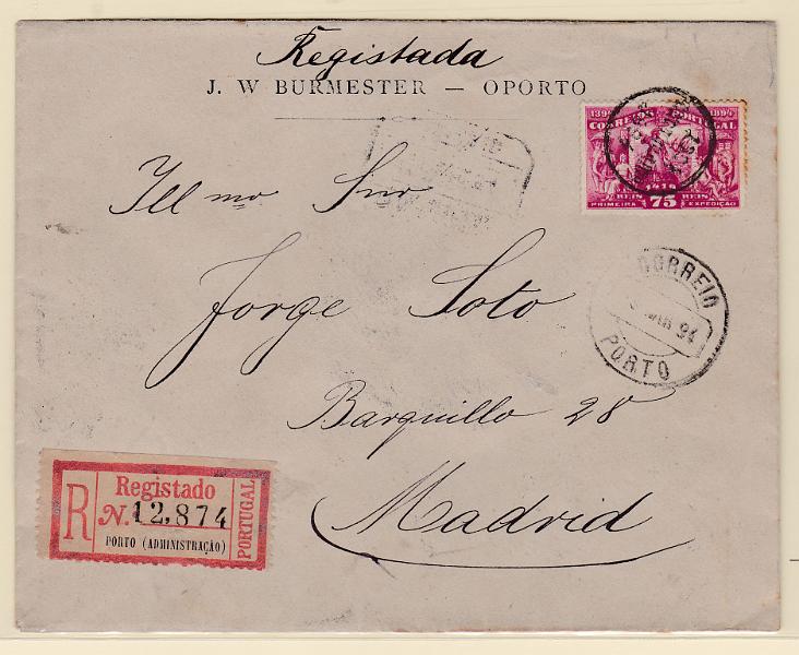 0848.jpg -     Lote:    848            Portugal       Descrição:         1894 &mdash;5.º Centenário do Nascimento do Infante D. Henrique. CE104, 75 reis em sobrescrito circulado registado do Porto (10.03.94) para Madrid (11.03.04). B e R.        Carta       Valor Base:     &euro; 95,00     Valor Venda:     Retirado     
