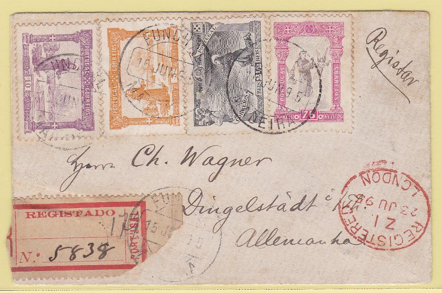 0851.jpg -     Lote:    851            Portugal       Descrição:         1895 &mdash; 7.º Centenário do Nascimento de S. António. Sobrescrito circulado registado do Funchal (15.06.95) para a Alemanha (24.06.95) com trânsito por Londres (23.06.95) com selos de 2 &frac12;, 5, 10 e 75 reis, CE111/113 e 118. MB.        Carta       Valor Base:     &euro; 250,00     Valor Venda:     &euro; 320,00       