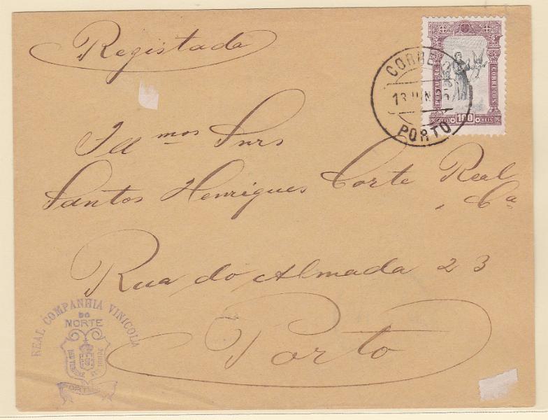 0852.jpg -     Lote:    852            Portugal       Descrição:         1895 &mdash; 7.º Centenário do Nascimento de S. António. CE120, 100 reis em sobrescrito circulado no Porto (13.06.95 &mdash; 1.º dia de circulação). B e R.        Carta       Valor Base:     &euro; 125,00     Valor Venda:     Retirado     