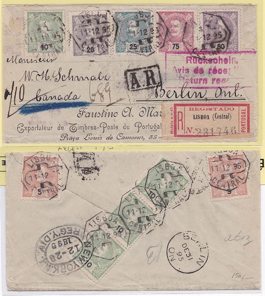 0855.jpg -     Lote:    855            Portugal       Descrição:         1895 &mdash; D. Carlos I Mouchon. Sobrescrito circulado registado com aviso de receção de Lisboa (11.12.95) para o Canadá, com trânsito por Nova York (23.12.95), com selos na frente de 10, 20, 25, 75 e 80 reis + 2x 5 reis e 3x10 reis no verso. CE 127/28, 130/31, 133/34.        Carta       Valor Base:     &euro; 75,00     Valor Venda:     &euro; 75,00       