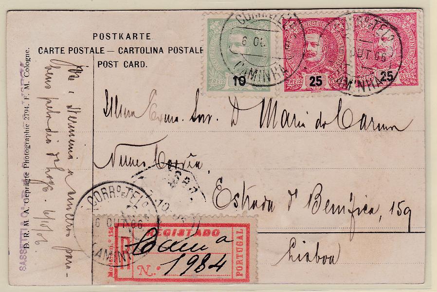 0857.jpg -     Lote:    857            Portugal       Descrição:         1895/1905 &mdash; D. Carlos I Mouchon. Postal ilustrado circulado registado de Caminha (06.10.06) para Lisboa (07.10.06) com selos de 10 reis CE128 e dois selos de 25 reis carmim CE141.        PI       Valor Base:     &euro; 10,00     Valor Venda:     &euro; 44,00       