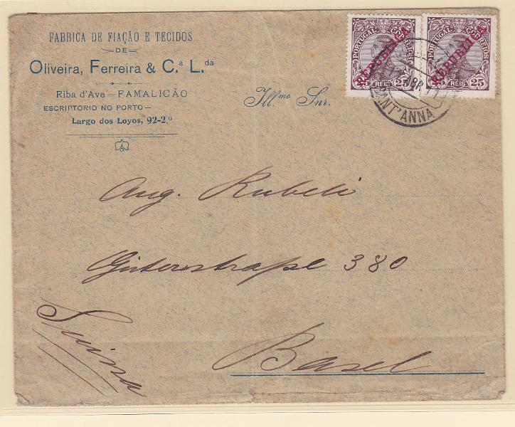 0861.jpg -     Lote:    861            Portugal       Descrição:         1910 &mdash; D. Manuel II, com sobrecarga REPUBLICA. CE175, 25 reis. Par em sobrescrito circulado de Santana (17.04.11) para Basel. Carimbo circular datado tipo 1880 a preto "SANT'ANNA".        Carta       Valor Base:     &euro; 15,00     Valor Venda:     &euro; 18,00       