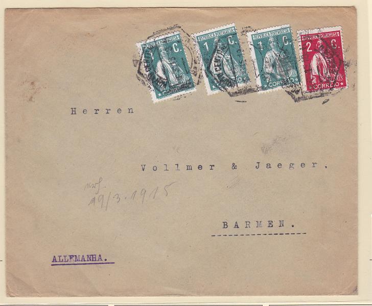 0866.jpg -     Lote:    866            Portugal       Descrição:         1912 &mdash; Ceres. Sobrescrito circulado de Lisboa (03.03.13) para a Alemanha com 3 selos de 1 e um selo de 2c, CE208 e 210. Todos em papel porcelana, denteado 15x14.        Carta       Valor Base:     &euro; 30,00     Valor Venda:     Retirado     