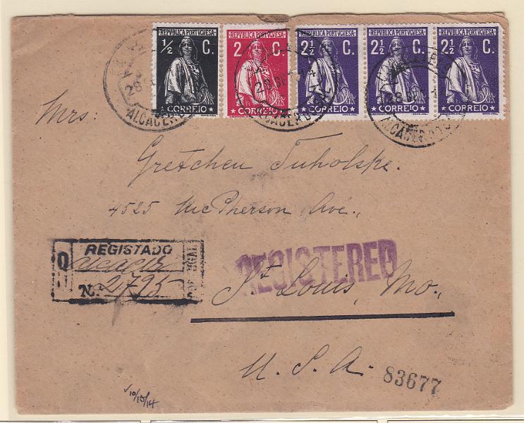 0867.jpg -     Lote:    867            Portugal       Descrição:         1912 &mdash; Ceres. Sobrescrito circulado registado de Alcácer do Sal (28.09.14) para os EUA com selos de &frac12;, 2 e tira de 2 selos de 2 &frac12; C CE207, 210 e 211. Todos em papel porcelana, denteado 14x15.        Carta       Valor Base:     &euro; 16,00     Valor Venda:     Retirado     
