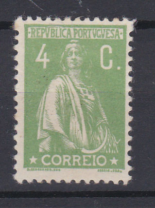 0873.jpg -     Lote:    873            Portugal       Descrição:         1917/20 &mdash; Ceres. Novas taxas e cores. CE226, 4c em papel cartolina, denteado 12 x 11 &frac12;. Valor de catálogo &euro; 210,00.        **       Valor Base:     &euro; 25,00     Valor Venda:     &euro; 55,00       