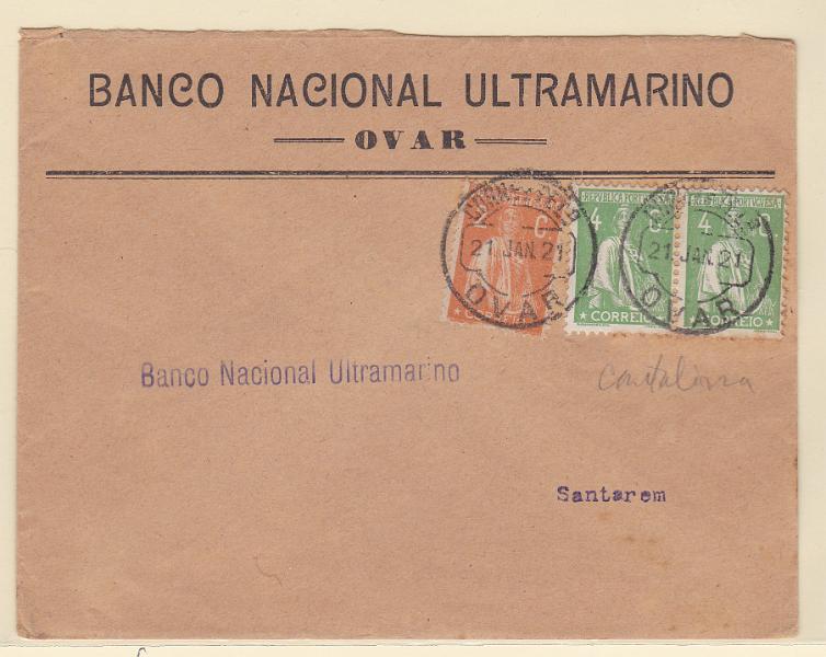 0874.jpg -     Lote:    874            Portugal       Descrição:         1917/20 &mdash; Ceres. Sobrescrito circulado de Ovar (21.01.21) para Santarém (23.01.21) com selo de 2C laranja CE223 e par de selos de 4C CE226 em denteado 12x11 &frac12;, PAPEL CARTOLINA. B e R.        Carta       Valor Base:     &euro; 40,00     Valor Venda:     Retirado     