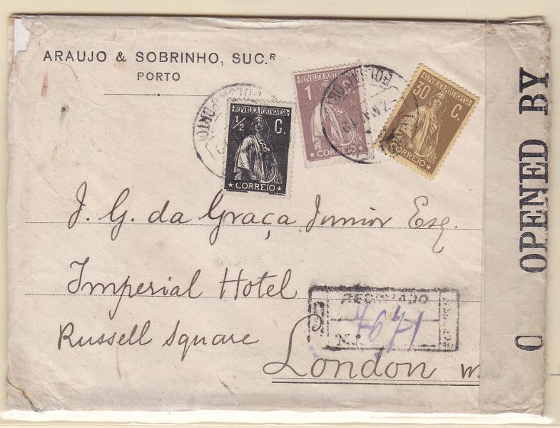 0877.jpg -     Lote:    877            Portugal       Descrição:         1912/20 &mdash; Ceres. Sobrescrito circulado registado do Porto (07.05.19) para Londres, com selos de &frac12; c CE207, 1C CE221 e 30c CE234.        Carta       Valor Base:     &euro; 25,00     Valor Venda:     Retirado     