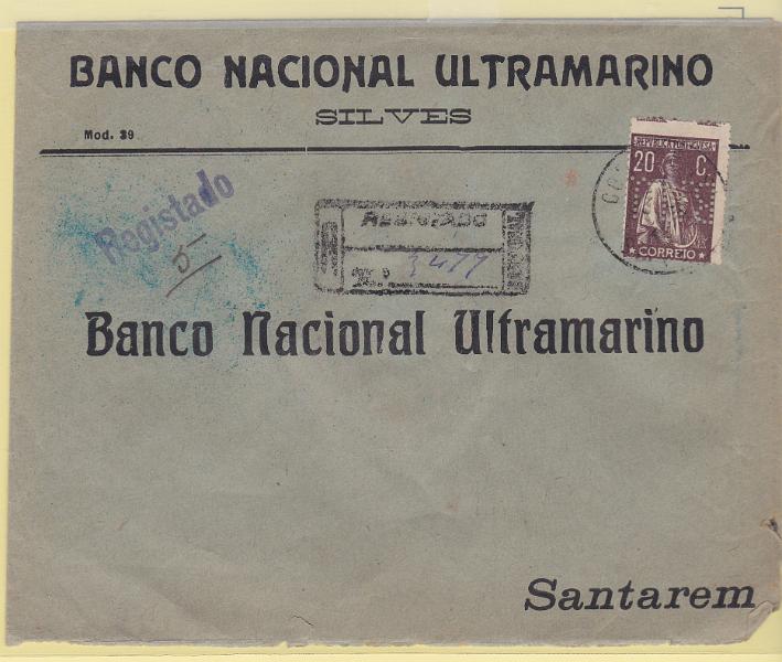 0880.jpg -     Lote:    880            Portugal       Descrição:         1920/22 &mdash; Ceres. CE240, 20C castanho, denteado 15x14, papel liso em sobrescrito circulado registado de Silves (23.04.22) para Santarém (24.04.22), perfurado B.N.U. e com o denteado horizontal DESLOCADO. B e R.        Carta       Valor Base:     &euro; 40,00     Valor Venda:     Retirado     