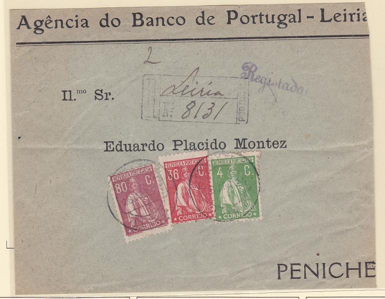 0884.jpg -     Lote:    884            Portugal       Descrição:         1917/22 &mdash; Ceres. Frente de sobrescrito circulado registado de Leiria (20.04.24) para Peniche com selos de 4C, 36C e 80C. CE226, 243 e 246.        Carta       Valor Base:     &euro; 30,00     Valor Venda:     &euro; 42,00       