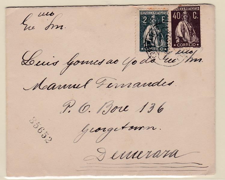 0888.jpg -     Lote:    888            Portugal       Descrição:         1920/22 &mdash; Ceres. Sobrescrito circulado registado do Funchal (28.08.24) para Damerara (13.09.24) com selos de 40C e 2E CE283 e 251.        Carta       Valor Base:     &euro; 60,00     Valor Venda:     Retirado     